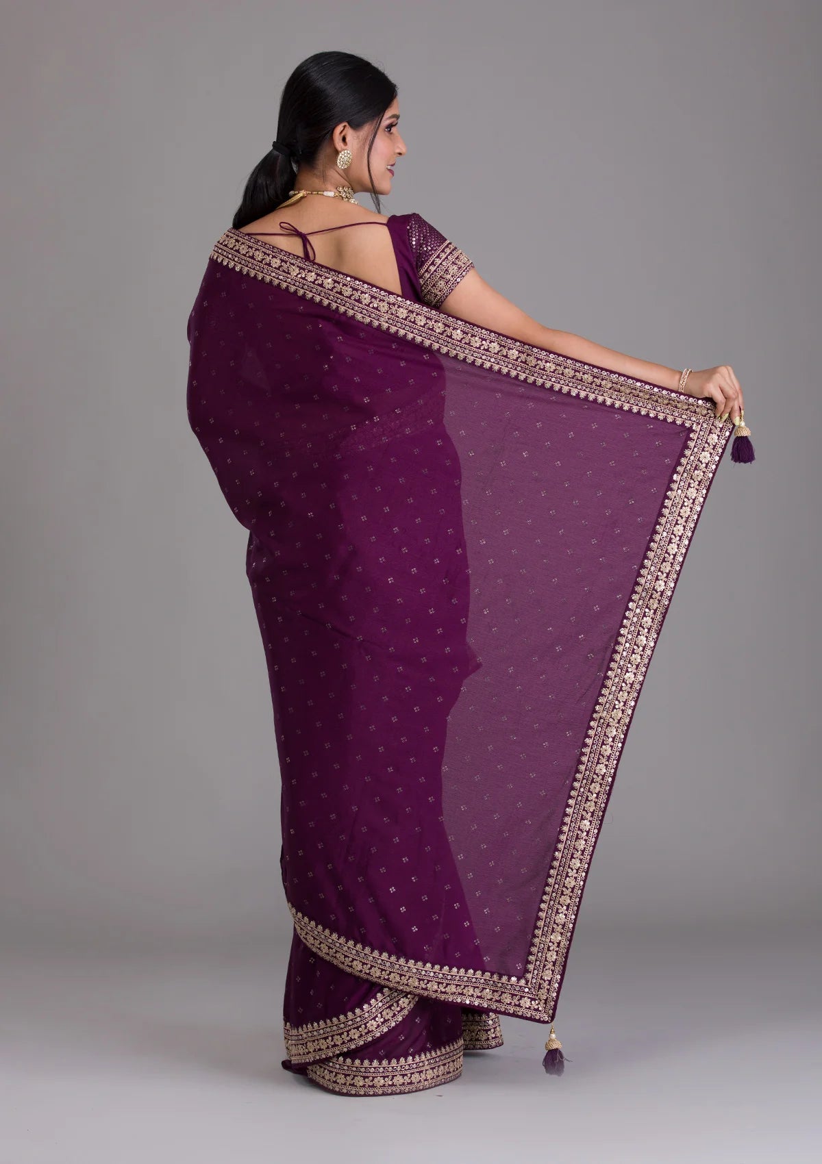 Teeya Creation Wine Color Chinon Silk Saree | Grocsy
