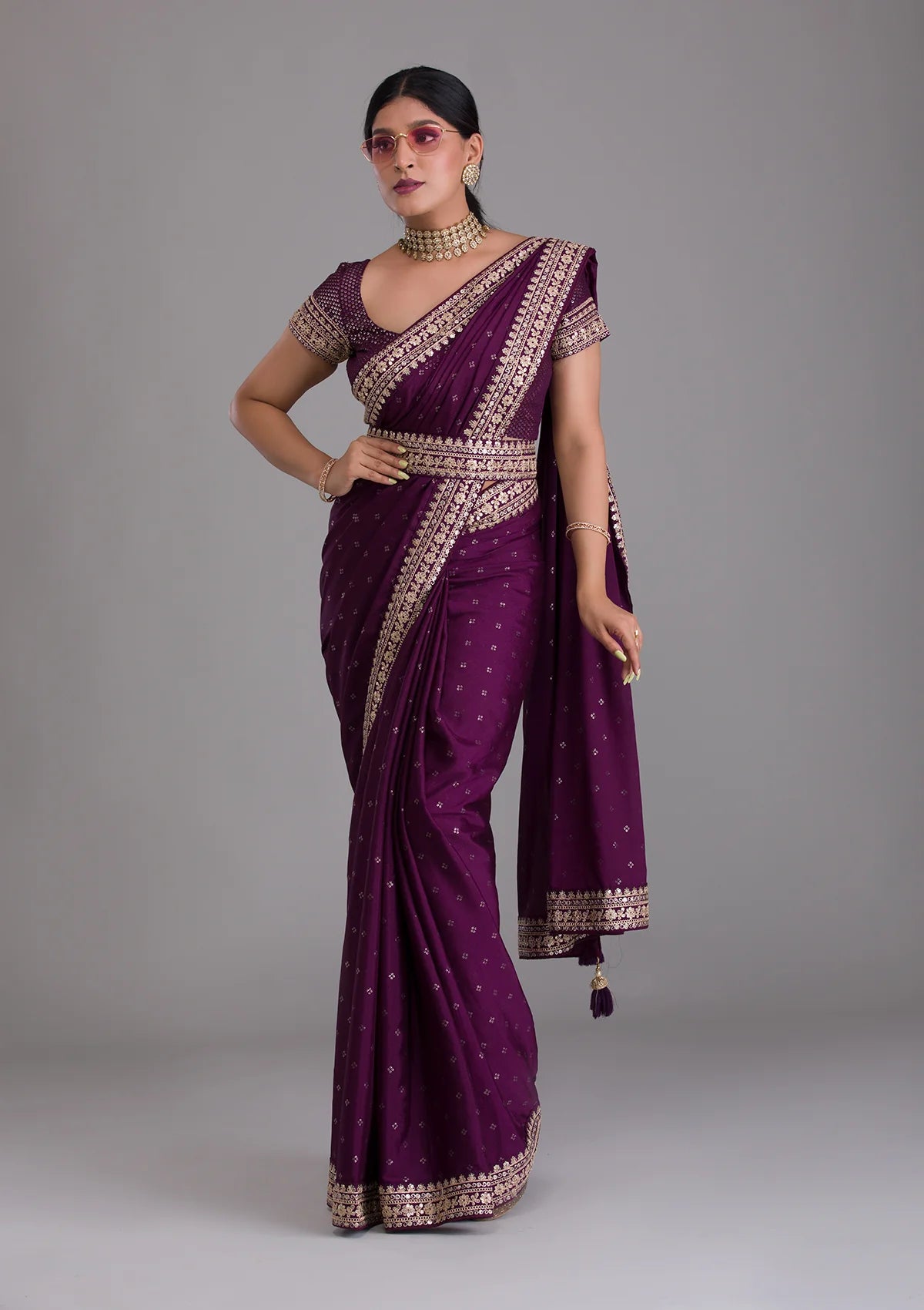 Teeya Creation Wine Color Chinon Silk Saree | Grocsy
