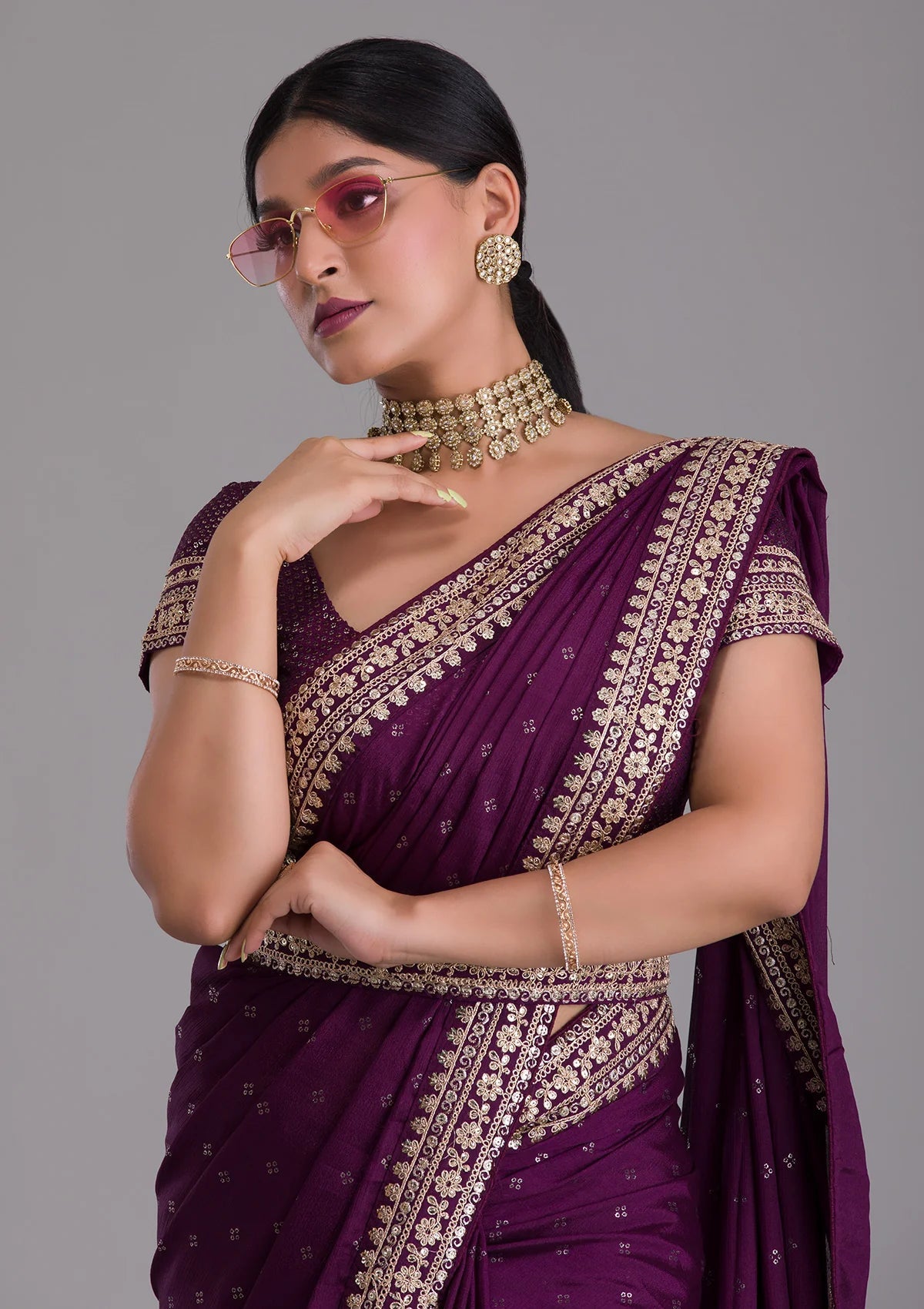 Teeya Creation Wine Color Chinon Silk Saree | Grocsy