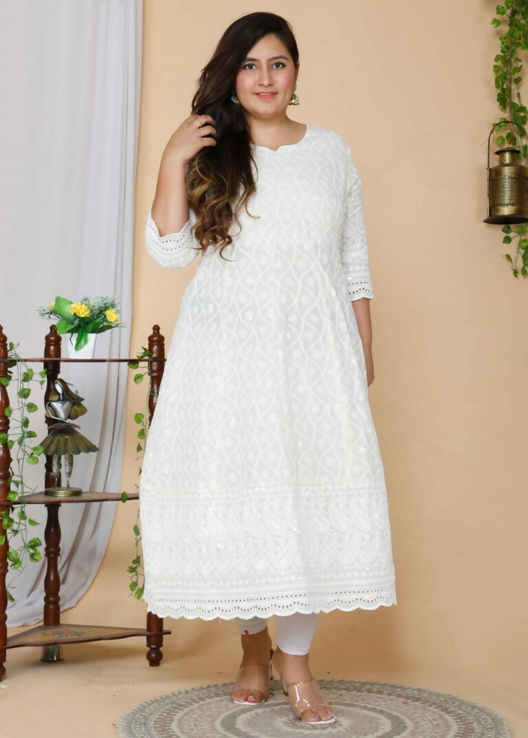 Miravan Women's Plus Size Beige Chikankari Thread Work Anarkali Kurta With Dupatta | Grocsy