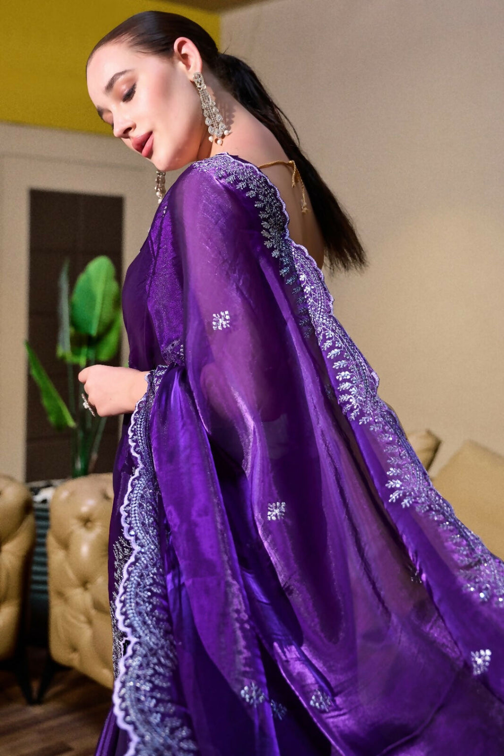 Vastranavya Purple-Blue Embroidery Work Shimmer Chiffon Saree with Unstitched Blouse | Grocsy