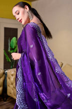 Vastranavya Purple-Blue Embroidery Work Shimmer Chiffon Saree with Unstitched Blouse | Grocsy