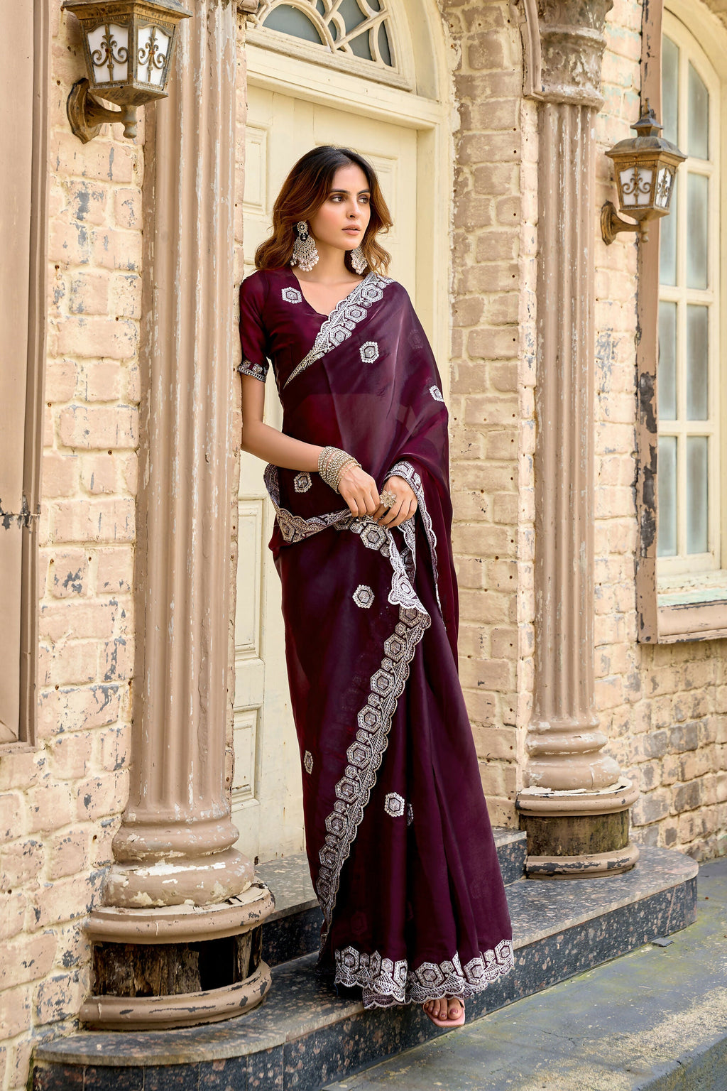 Vastranavya Wine Embroidery Work Shimmer Chiffon Saree with Unstitched Blouse | Grocsy