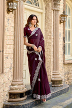 Vastranavya Wine Embroidery Work Shimmer Chiffon Saree with Unstitched Blouse | Grocsy