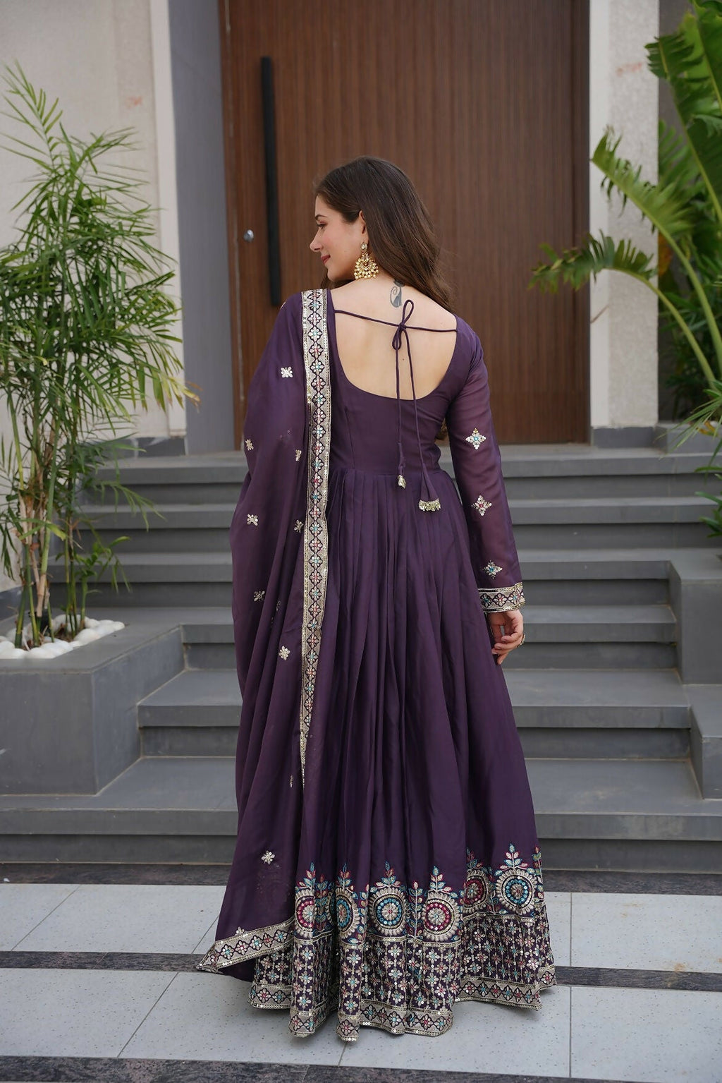 Teeya Creation Violet Color Pure Diamond Silk Wedding Wear Long Gown | Grocsy