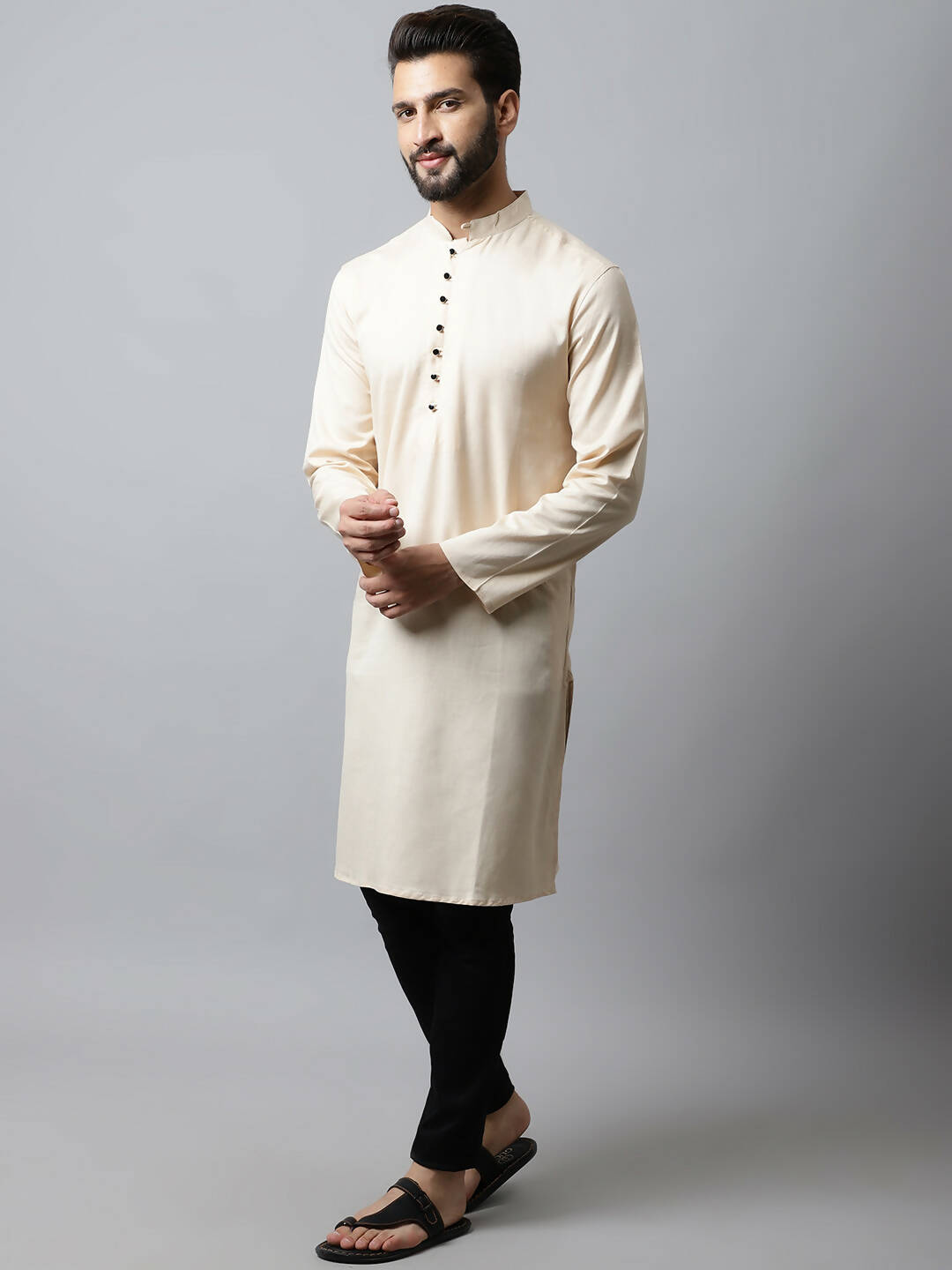 Even Apparels Cream Color Pure Cotton Men's Kurta With Side Placket (SLD1176) | Grocsy