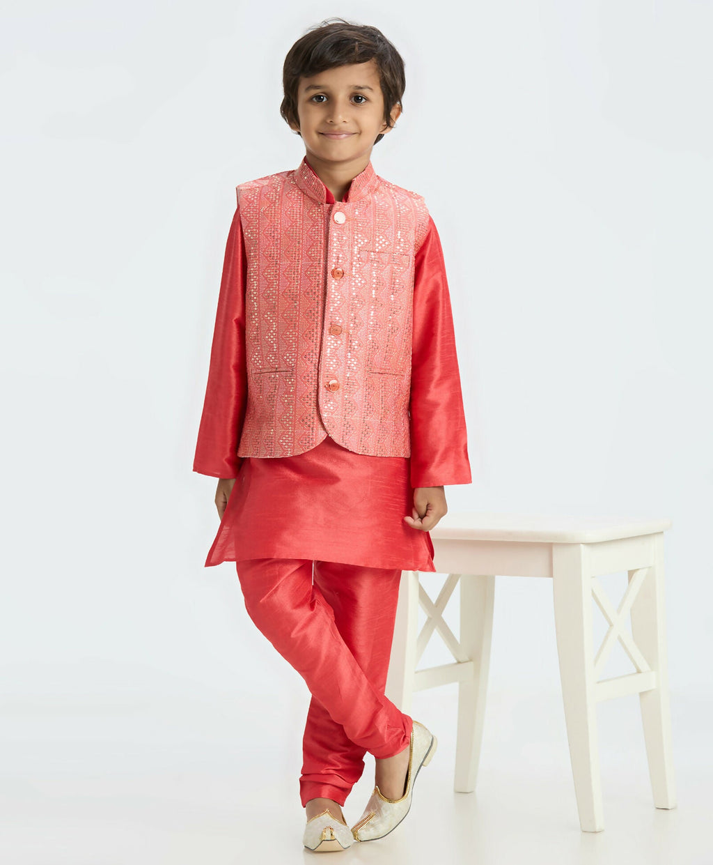 Joban Fashion Kids Island Sequence work Nehru Jacket Full Sleeves Kurta, Pajama Set - Tomato Red | Grocsy