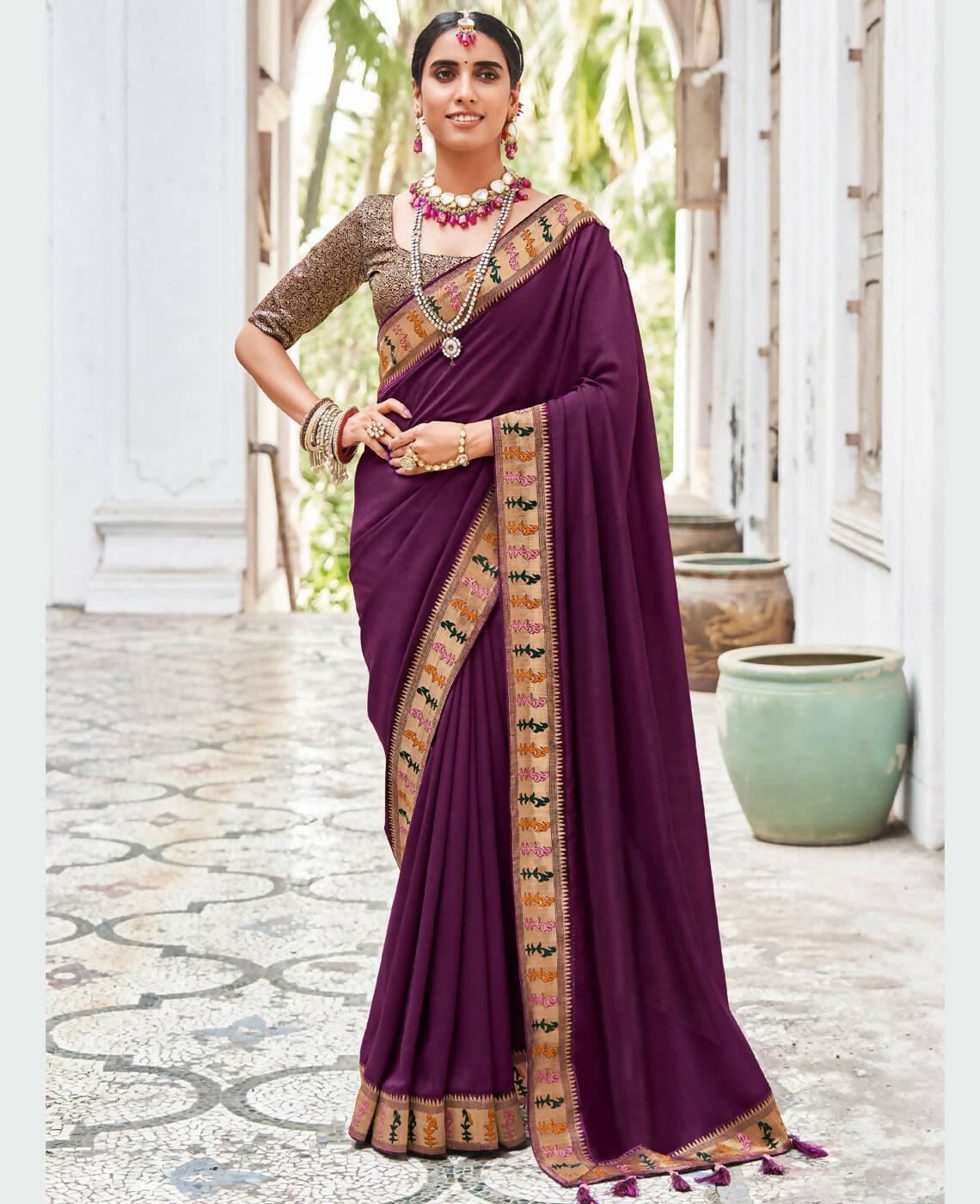 Purple Vichitra Solid Saree With Unstitched Blouse Piece - Juhi | Grocsy