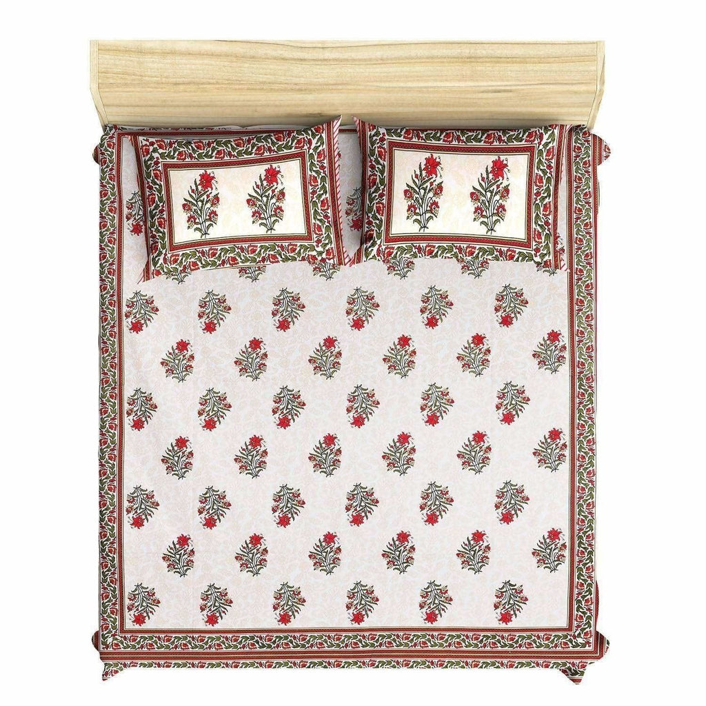 Jaipuri Hand Printed Floral 144TC Cotton DoubleQueen Bedsheet with 2 Pillow Covers | Grocsy
