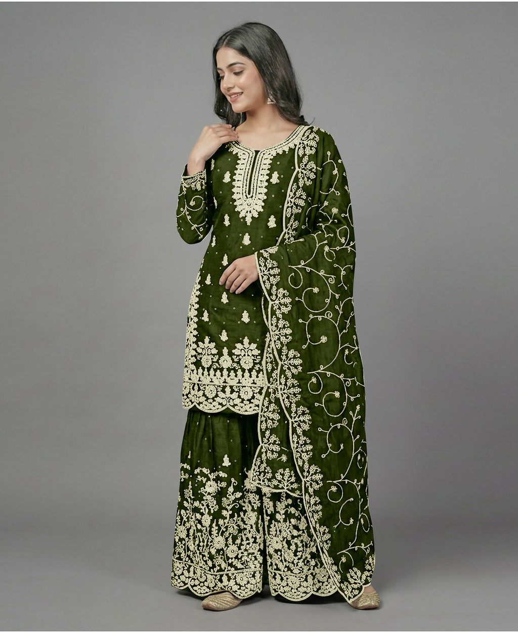 Teeya Creation Womens New Trendy Pure Gmy Silk With Heavy Embroidery Sequence Work Mehendi Kurta Set | Grocsy
