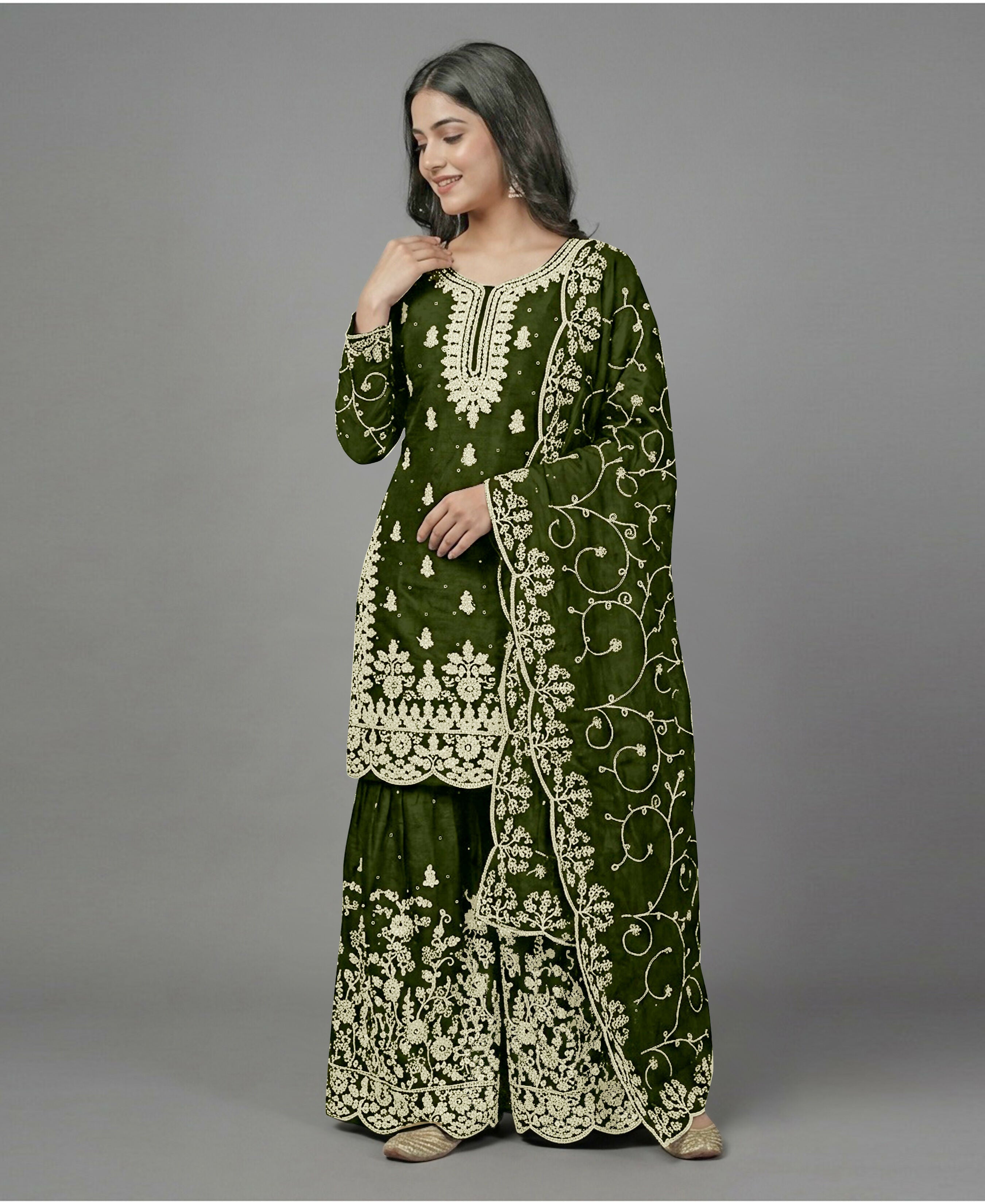 Teeya Creation Womens New Trendy Pure Gmy Silk With Heavy Embroidery Sequence Work Mehendi Kurta Set | Grocsy