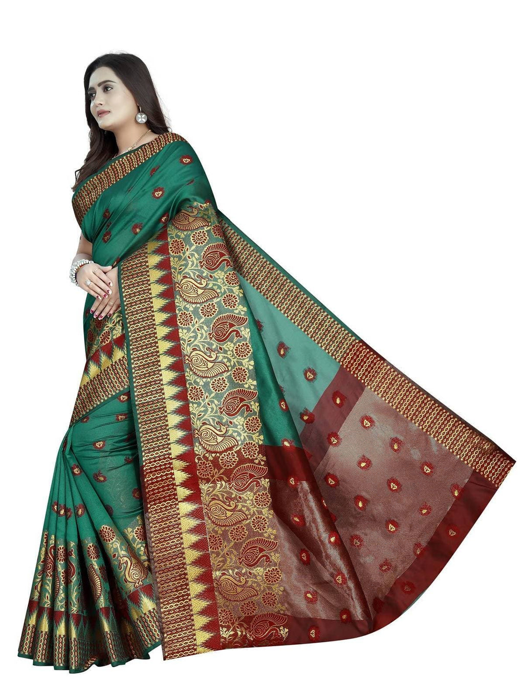 Vamika Banarasi Jaquard Rama Green & Red Weaving Saree | Grocsy