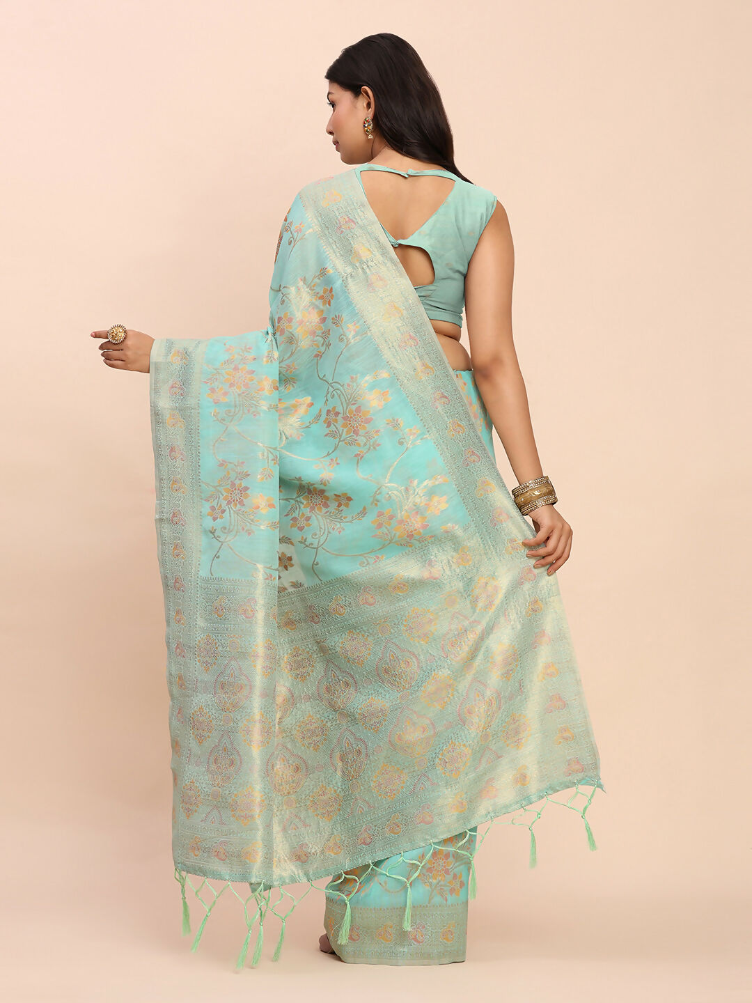Shree Shyam Fashion Linen Cotton Sea Green Saree | Grocsy