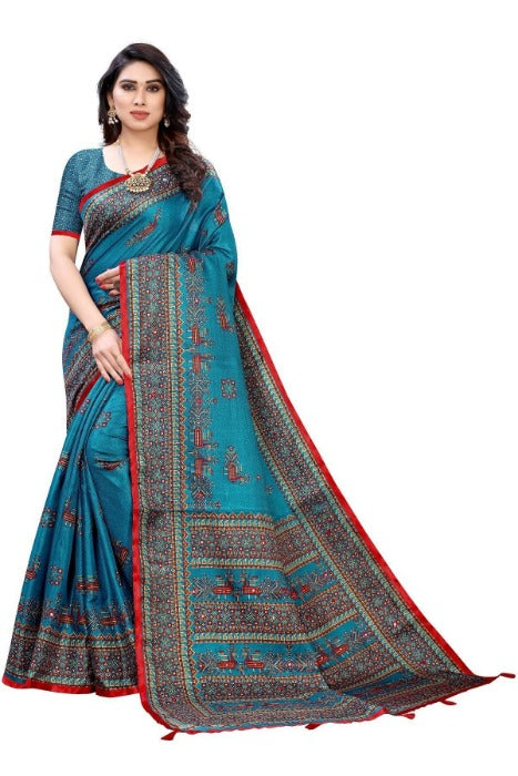 Vamika Blue Mirror Work With Jhalar Khadi Silk Saree (AASHI BLUE) | Grocsy