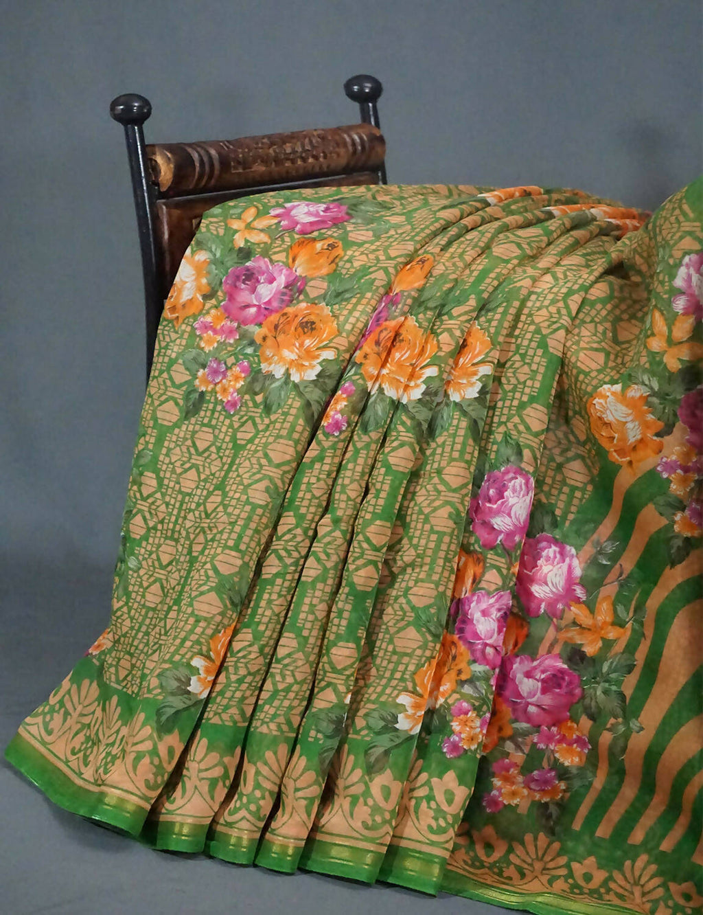Shades Of Parrot Green Floral Design Semi Chanderi Saree By Gayathri Reddy Designer Studio | Grocsy