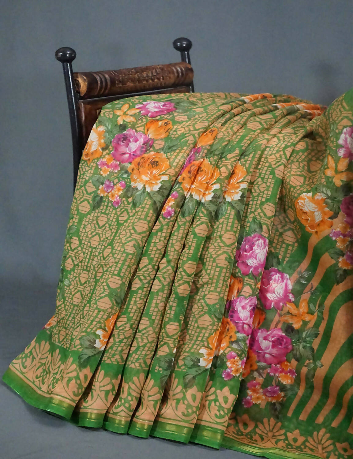 Shades Of Parrot Green Floral Design Semi Chanderi Saree By Gayathri Reddy Designer Studio | Grocsy