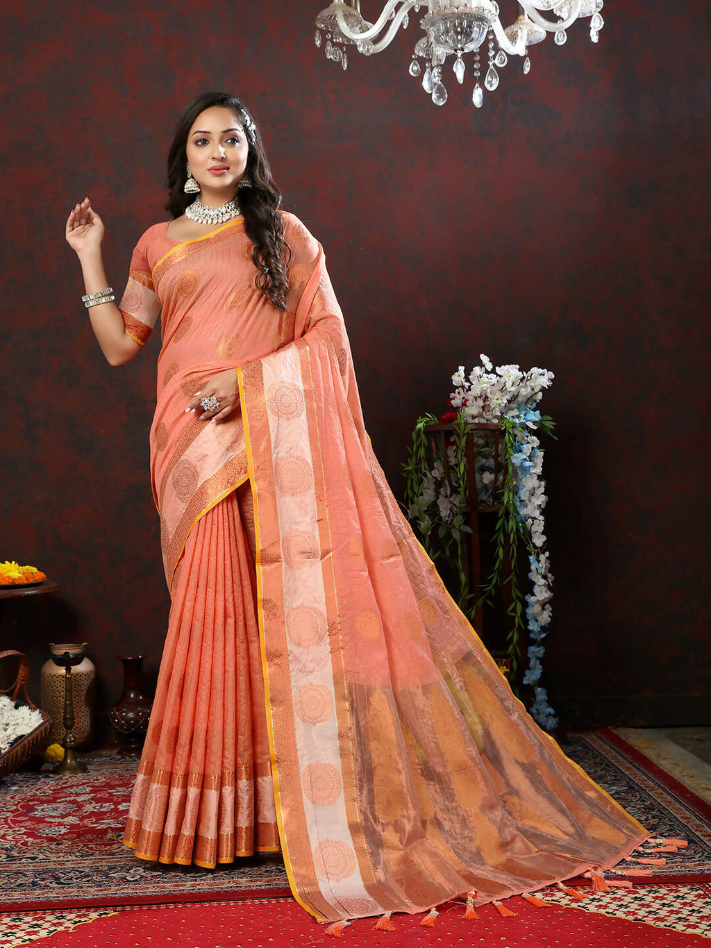 Lorenvalley Fashion Peach Cotton with Woven Design Zari Weaving Saree | Grocsy