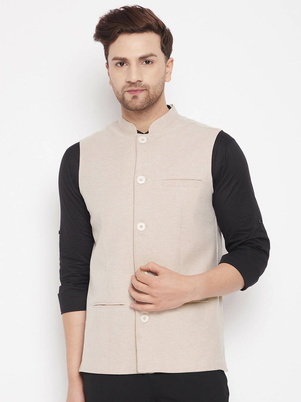 Even Apparels Cream Merino Men Woven Nehru Jacket | Grocsy