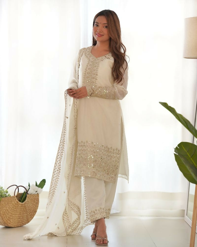 Joban Fashion White Kurta Set Silk Sequence Embroidery Work | Grocsy