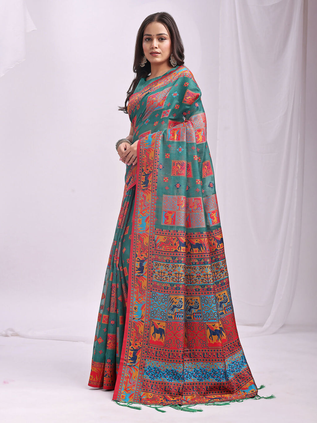Shree Shyam Fashion Vastraloom Rama Green Linen Cotton Saree | Grocsy