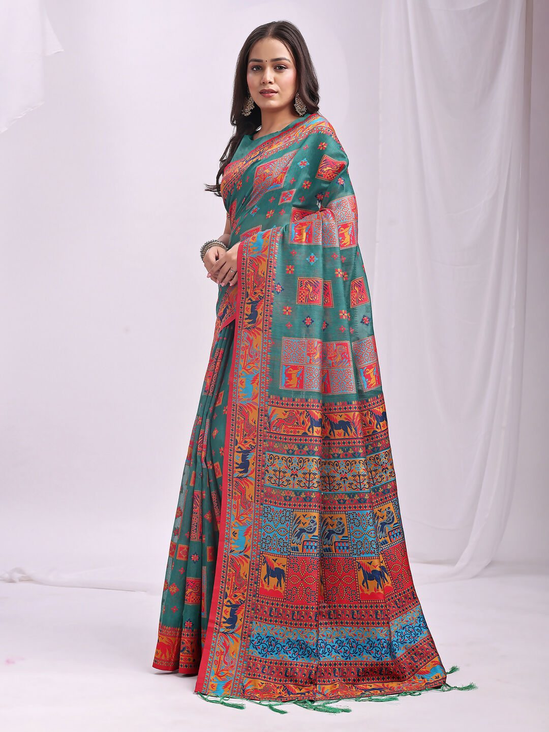 Shree Shyam Fashion Vastraloom Rama Green Linen Cotton Saree | Grocsy