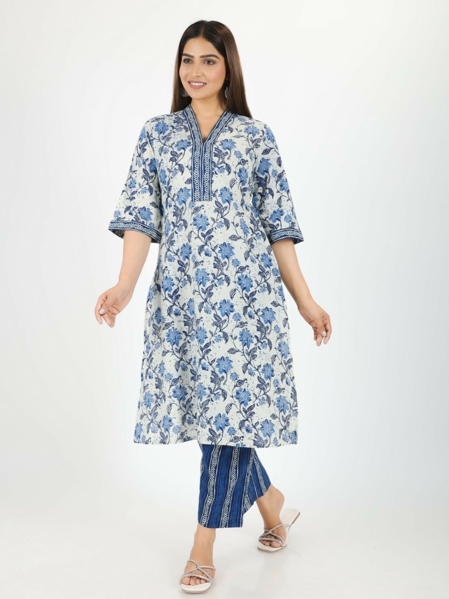 Aramya Off White Soft Cotton Floral Print Straight Kurta Set for Women | Grocsy