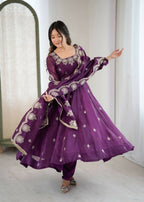 Teeya Creation Wine Color Crunchy Silk Embroidery Work Wedding Wear Gown | Grocsy