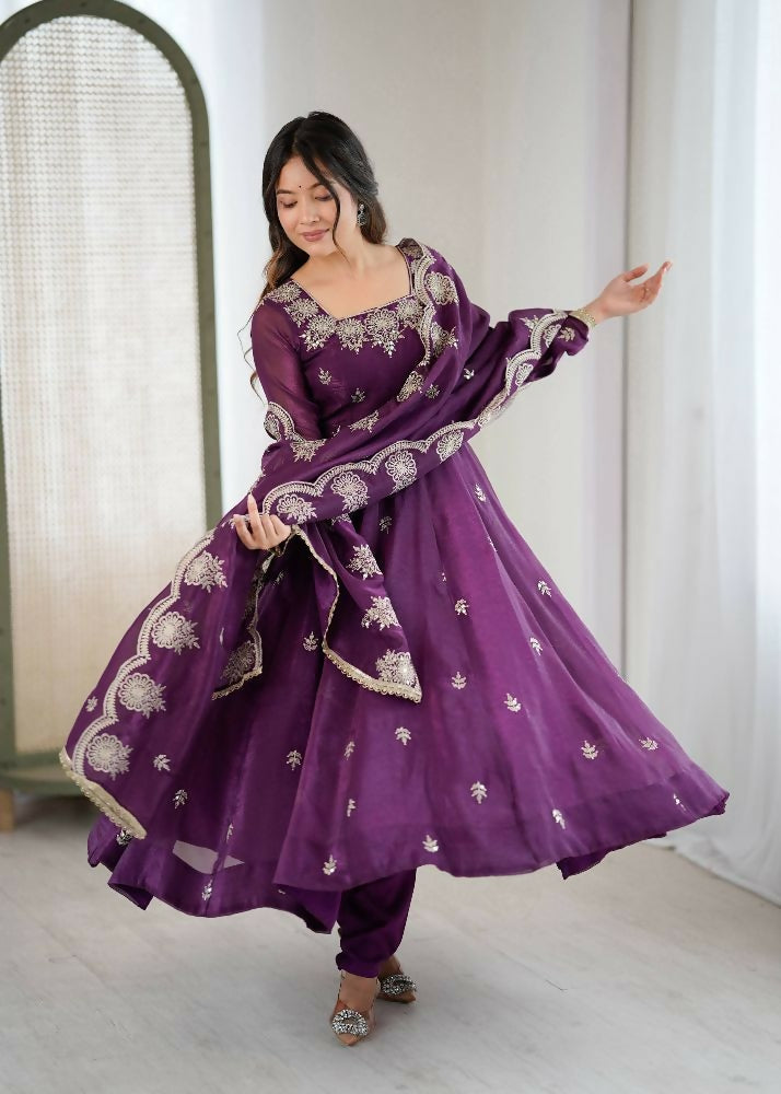Teeya Creation Wine Color Crunchy Silk Embroidery Work Wedding Wear Gown | Grocsy