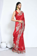Red Crepe Silk Sequence Embroidered Saree - Nimaya Benzy | Grocsy