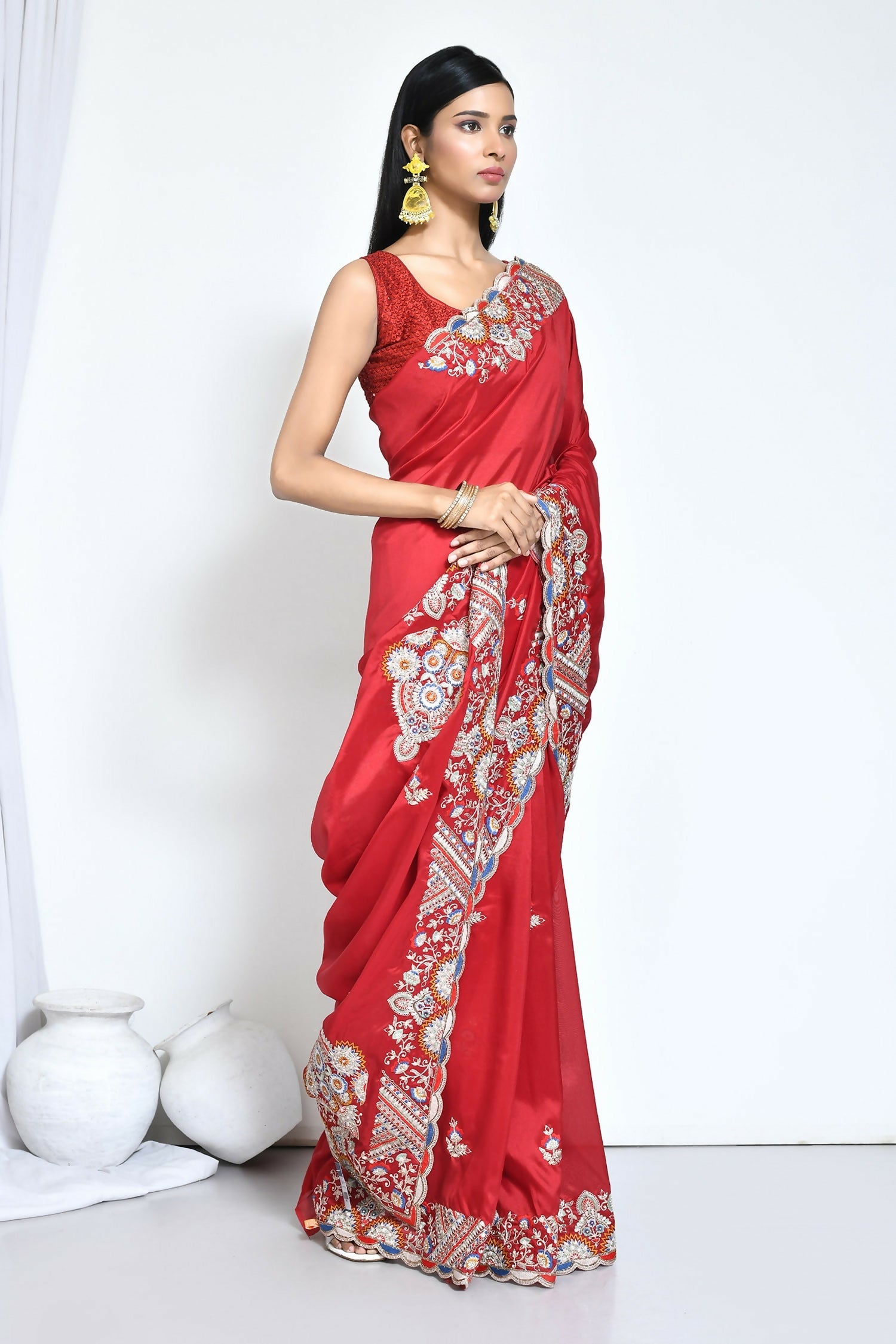 Red Crepe Silk Sequence Embroidered Saree - Nimaya Benzy | Grocsy