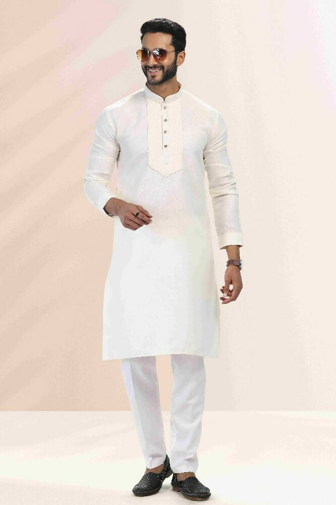 Raivat Ethnic Linen Cotton Pintux Work Kurta Pajama In Cream Colour | Grocsy