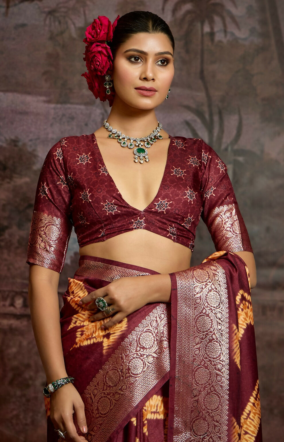 Joban Fashion Maroon Art Silk With Fine Viscose Border Ajrak Full Body Print With Soft Finish Saree | Grocsy