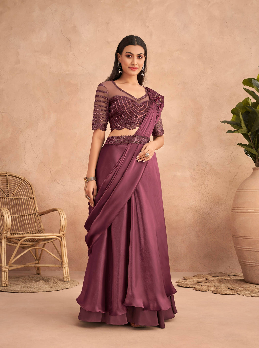 Wine Satin Embroidered Ready To Wear Saree With Unstitched Blouse Piece - Nandika | Grocsy
