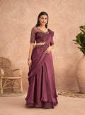 Wine Satin Embroidered Ready To Wear Saree With Unstitched Blouse Piece - Nandika | Grocsy
