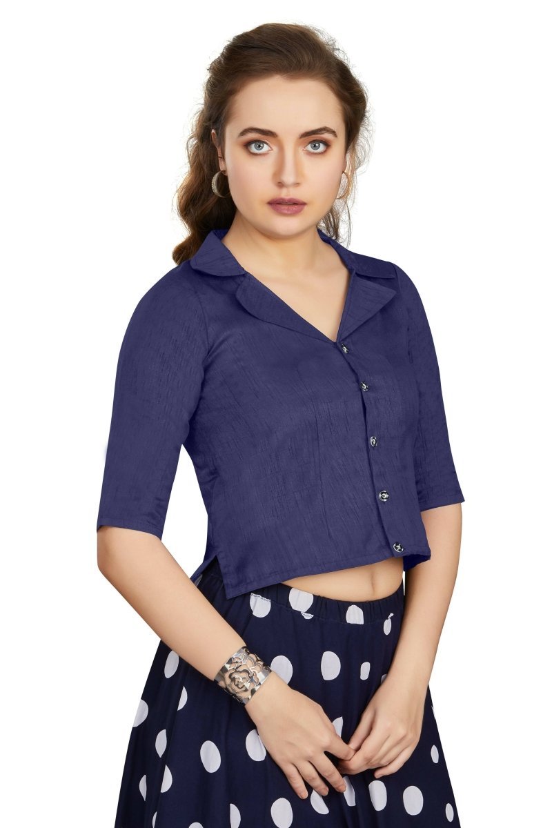 Aastha Fashion Women's Women's Navy Blue Art Silk Button Readymade Blouse | Grocsy