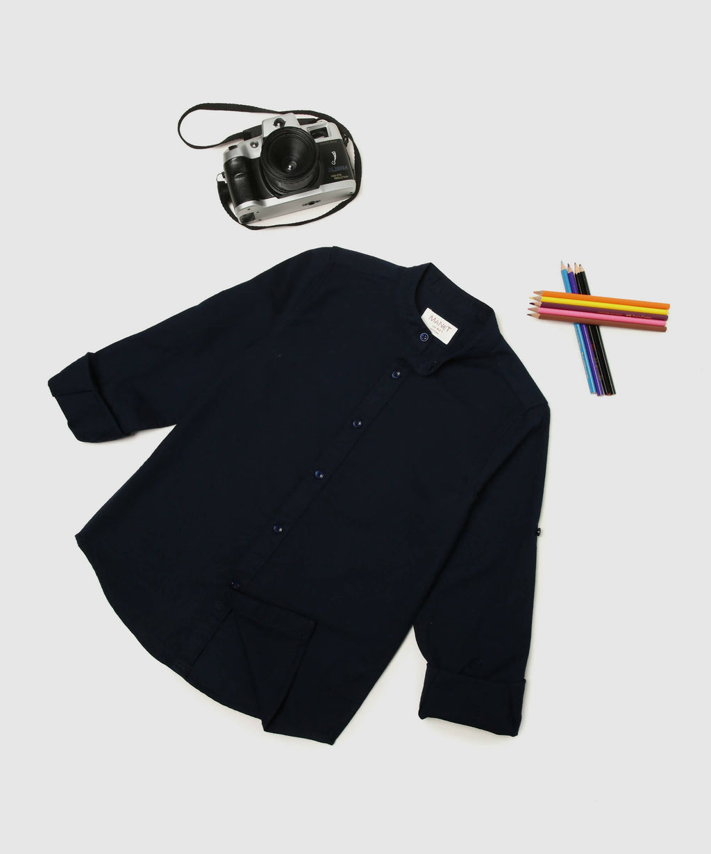 Manet Boys Mandarin Collar Full Sleeves Melange Shirt - Navy Blue | Grocsy