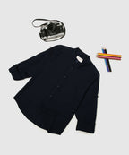Manet Boys Mandarin Collar Full Sleeves Melange Shirt - Navy Blue | Grocsy