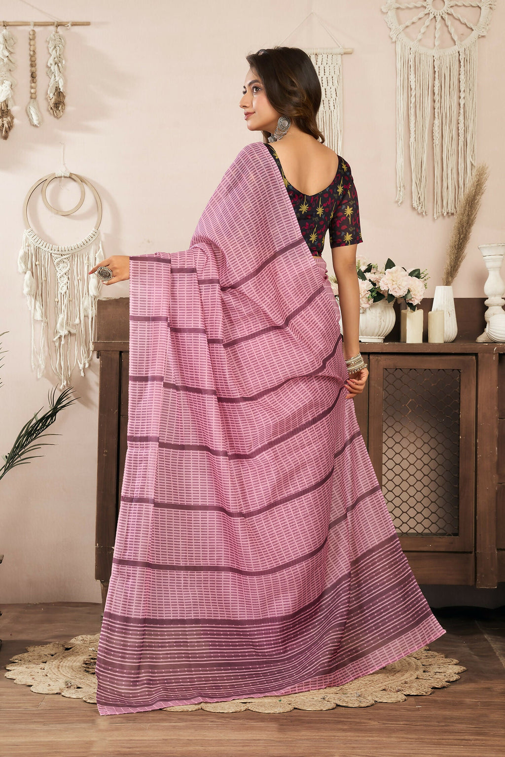 Joban Fashion Coral Pink Paisley & Geomatric Linen Ready To Wear Saree With Unstitched Blouse | Grocsy