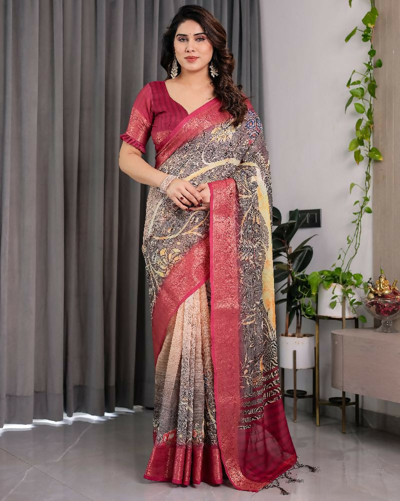 PR Fashion Wine Pure Handloom Linen Saree | Grocsy