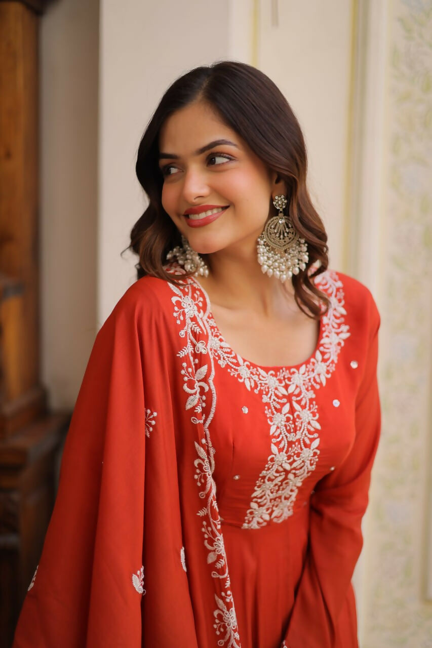 Teeya Creation Womens New Fancy Mul Chanderi With Embroidered Work Gown Set | Grocsy