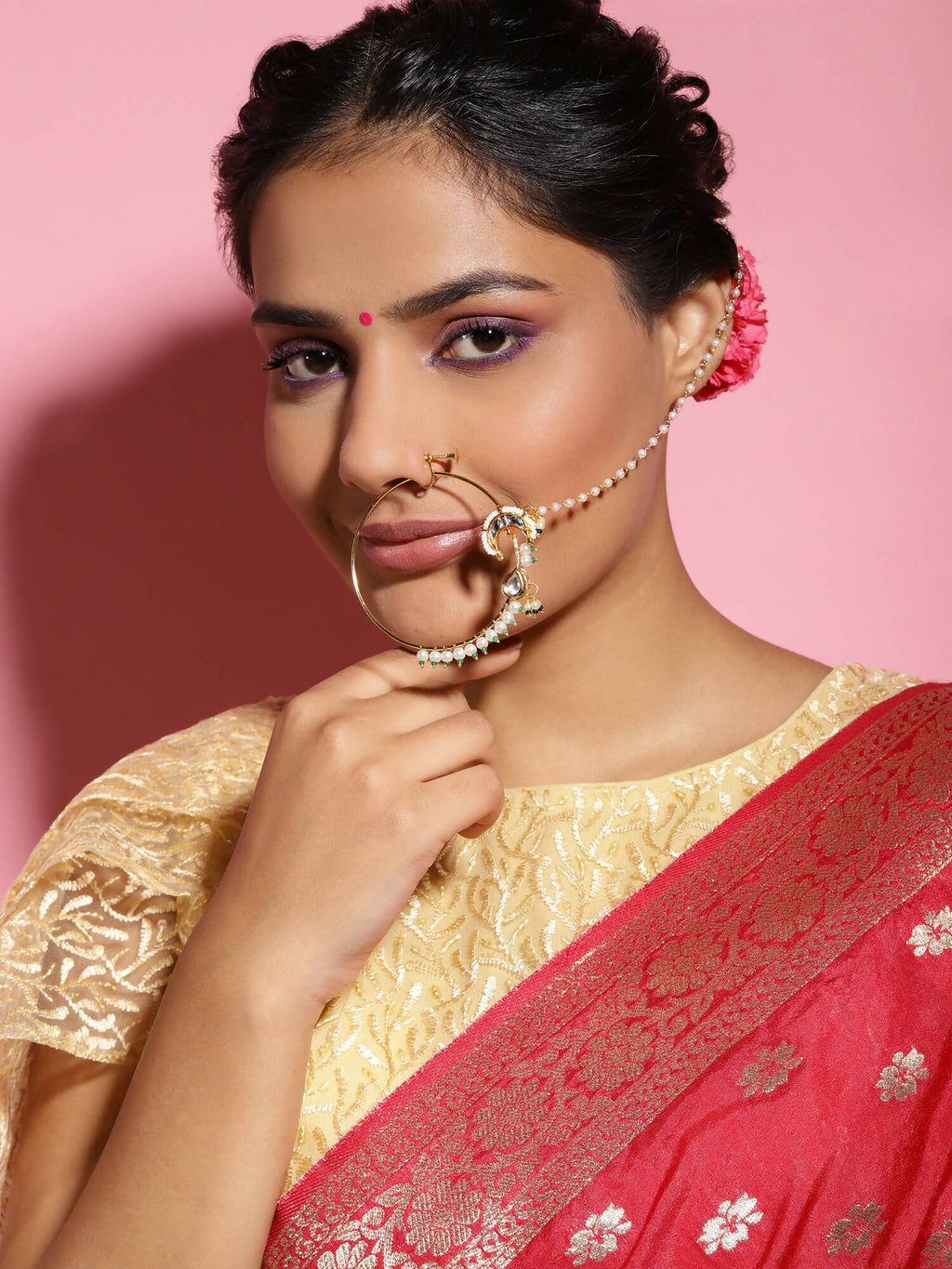 Gold-Polished White Green Kundan-Studded Pearl Beaded Nosepin - Ruby Raang | Grocsy
