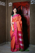 Very Much Indian Handloom Cotton Viscose Ilkal Saree With Pure Resham Pallu - Orange | Grocsy