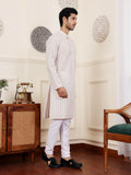 Off White Viscose Chikankari Embroidery Work Men's Rajwadi Kurta Set - Mahotsav | Grocsy