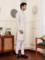 Off White Viscose Chikankari Embroidery Work Men's Rajwadi Kurta Set - Mahotsav | Grocsy