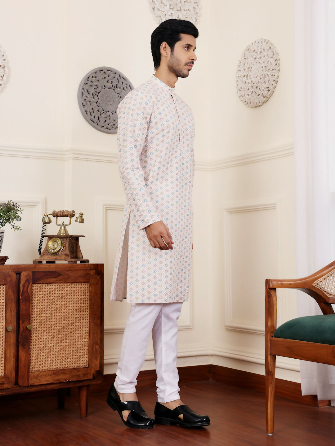 Off White Viscose Chikankari Embroidery Work Men's Rajwadi Kurta Set - Mahotsav | Grocsy