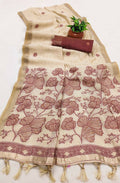 Vastranavya Cream Muga Cotton Meenakari & Azarakh Pallu Saree with Contrast Blouse | Grocsy