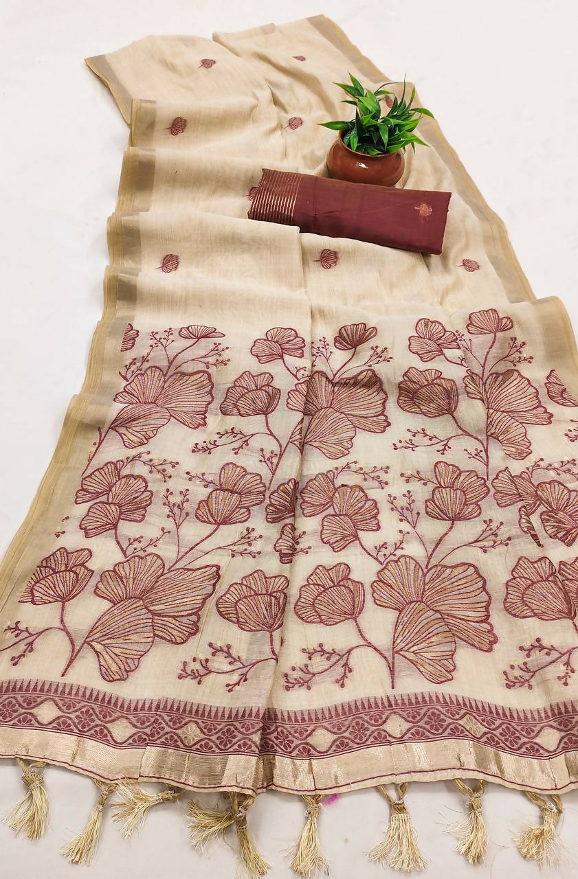 Vastranavya Cream Muga Cotton Meenakari & Azarakh Pallu Saree with Contrast Blouse | Grocsy