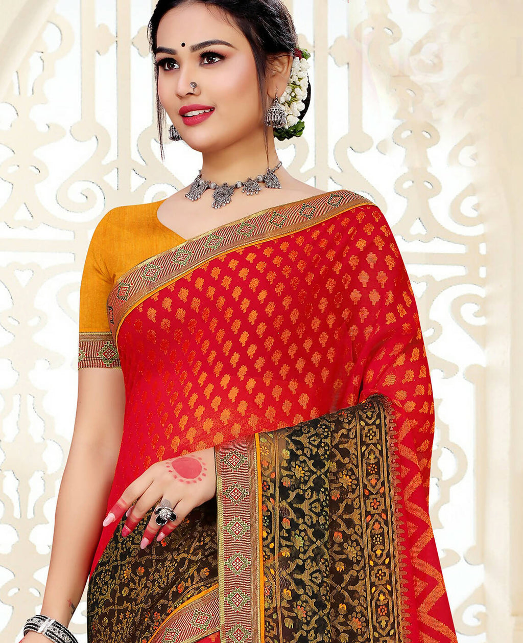 Red & Black Chiffon Brasso Printed Saree With Unstitched Blouse Piece - Jyoti | Grocsy