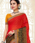 Red & Black Chiffon Brasso Printed Saree With Unstitched Blouse Piece - Jyoti | Grocsy