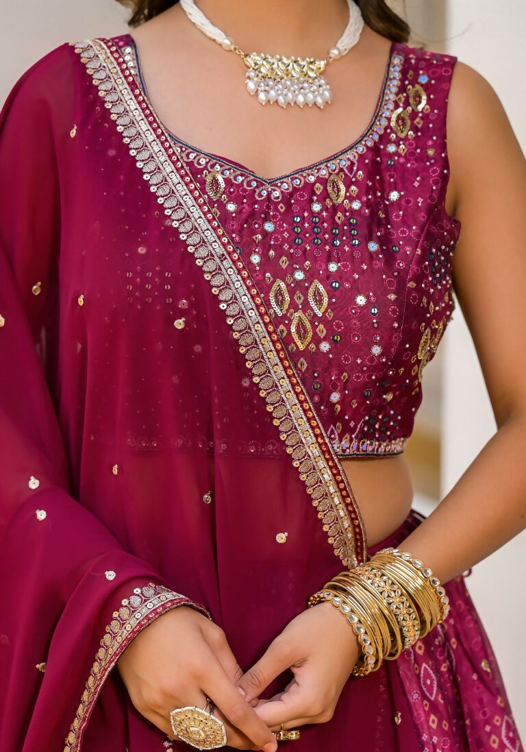 Wedding Partywear Wine Slim Georgette Lehengha Choli With Dupata - Agnidhara | Grocsy